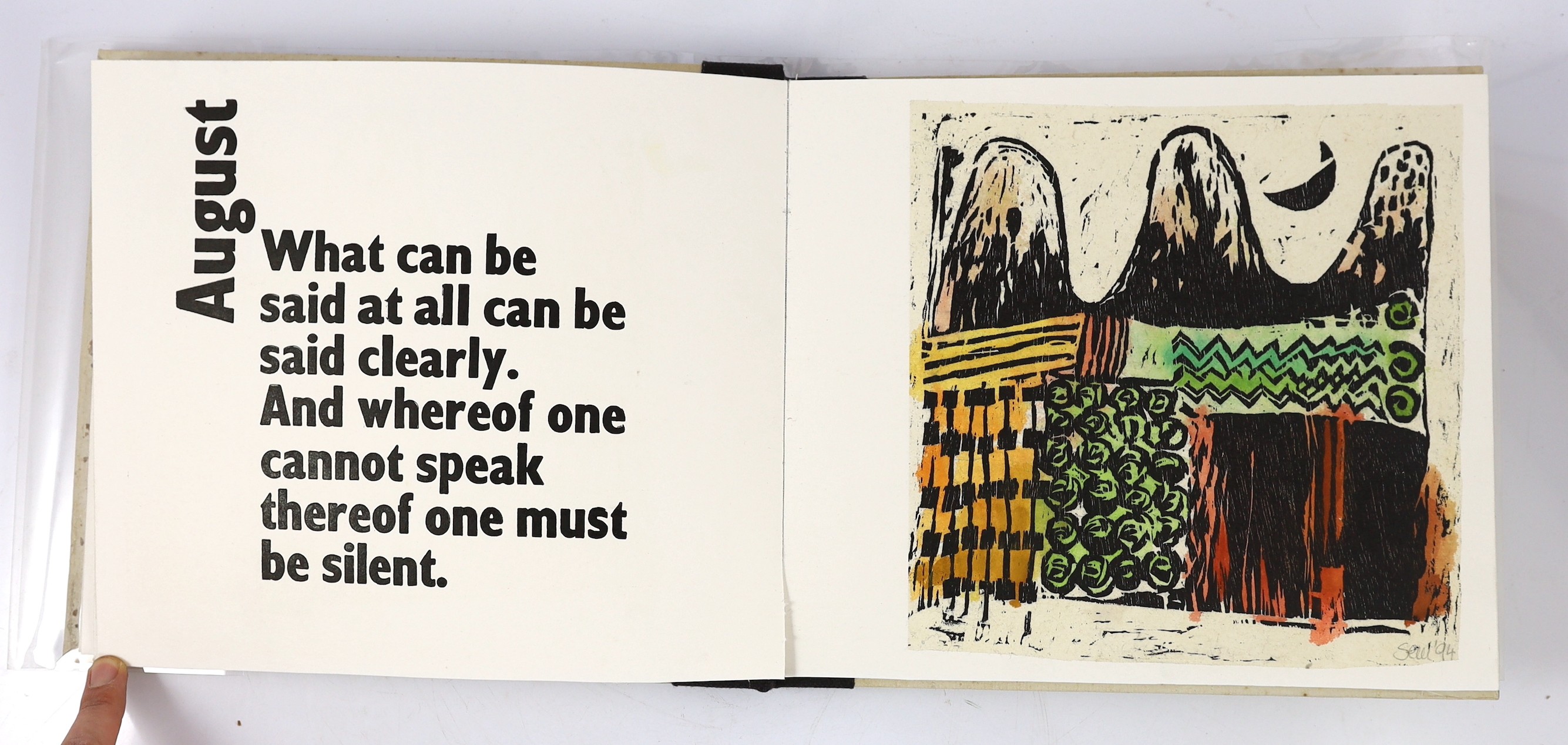 Semar, Kristiane - Touch Wood. Limited Edition (of 12 numbered copies, signed by the artist), title, limitation leaf and 12 hand coloured woodcut plates on thin card, each with text leaf opposite; publisher's cloth backe
